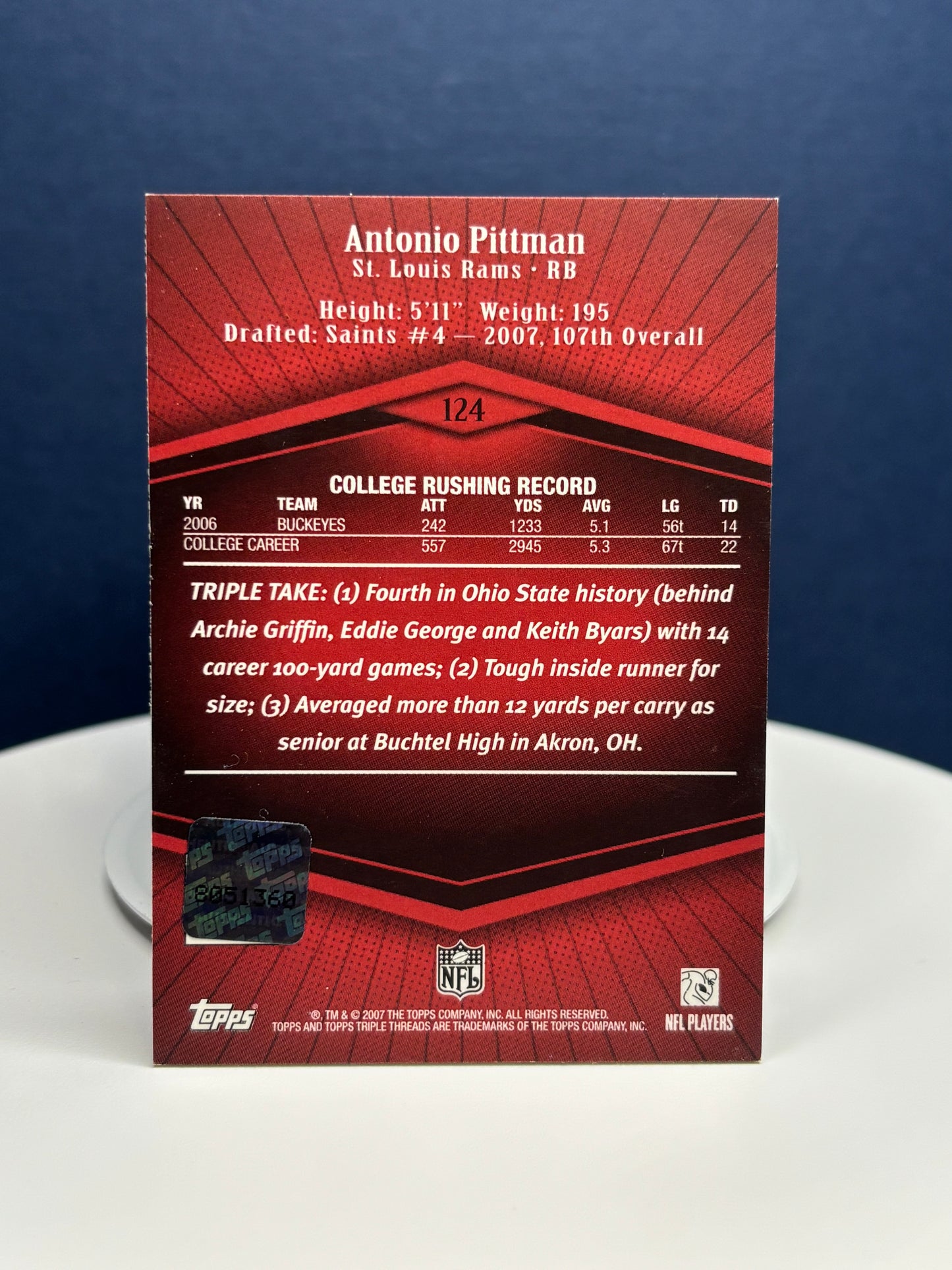 Antonio Pittman 2007 (RC) 37 of 99 autographed Topps Triple Threads