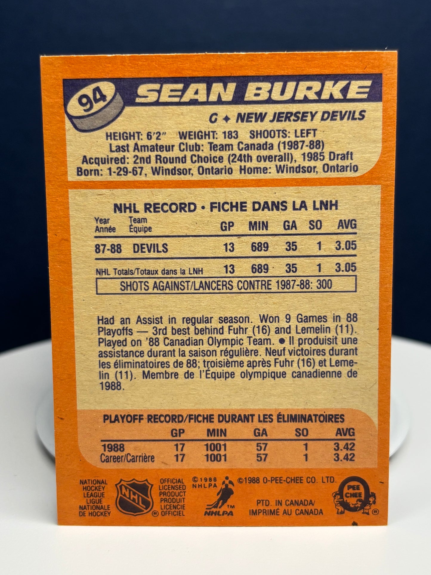 Sean Burke (RC) 1988 O-Pee-Chee