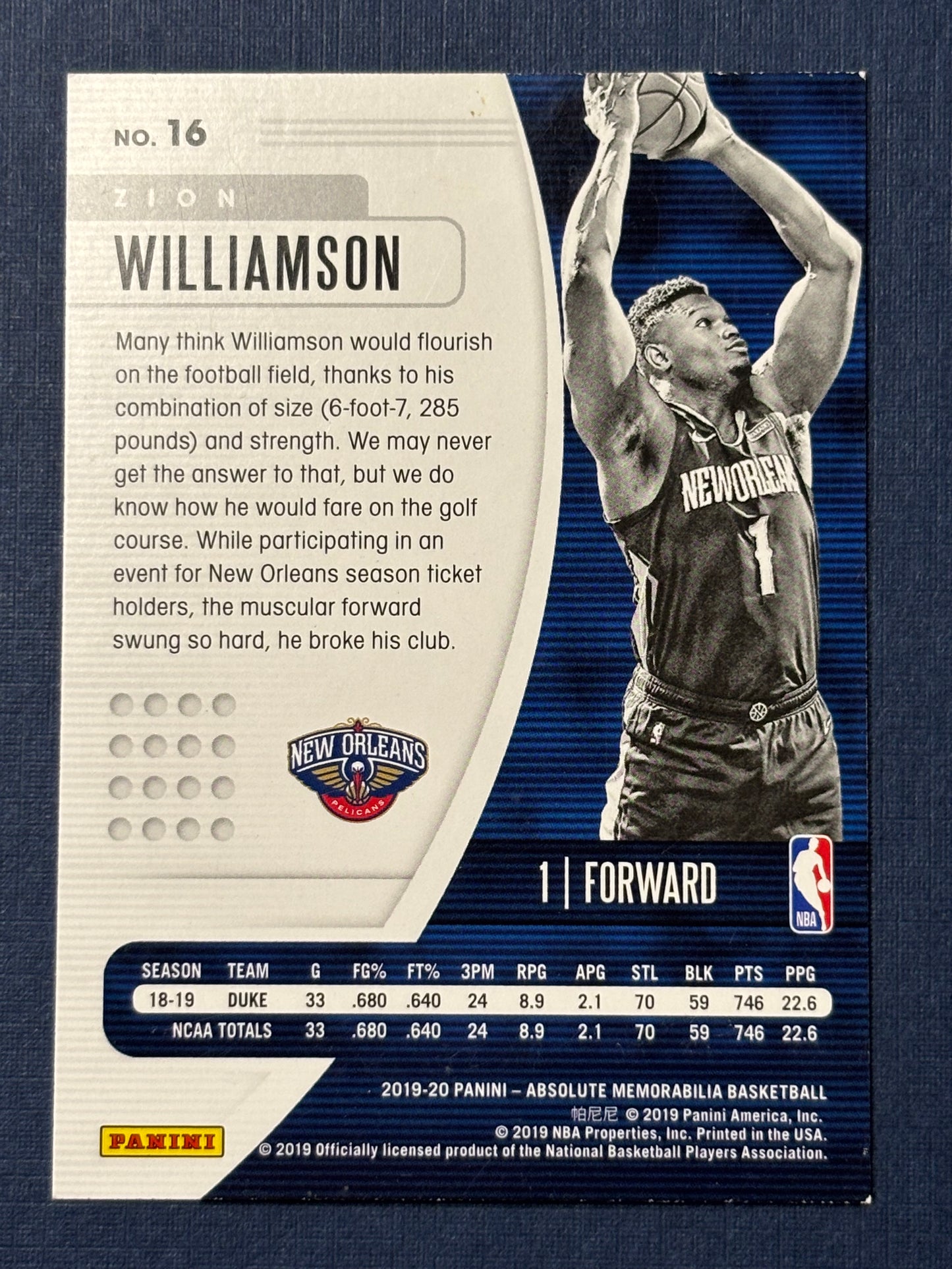 2019-2020 Absolute Memorabilia: Zion Williamson - Rookie Card